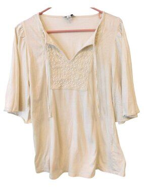 Banana Republic Blouse Sz M Cream Lacy Detail Tie Neck Boho Peasant Top Flowy